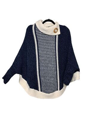 Knit Sweater Poncho Blue Cream Bat wing Sleeves Sz M/L Wool Blend Made Portugal